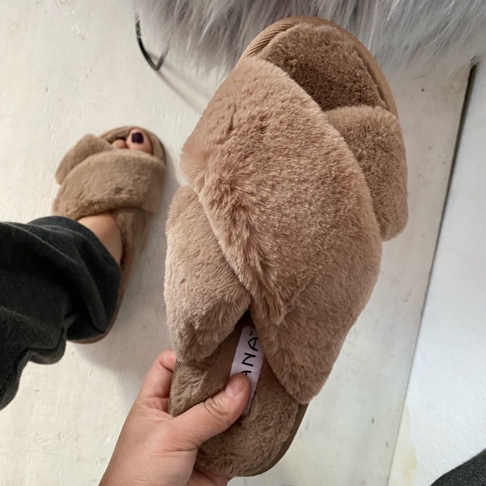 Taupe Faux Fur Slides
